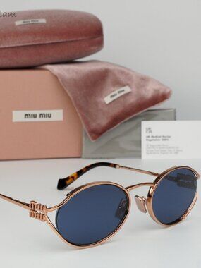 Miu Miu Women Sunglasses Pale Gold Dark Blue Oval MU52YS ZVF1V1 BRAND NEW